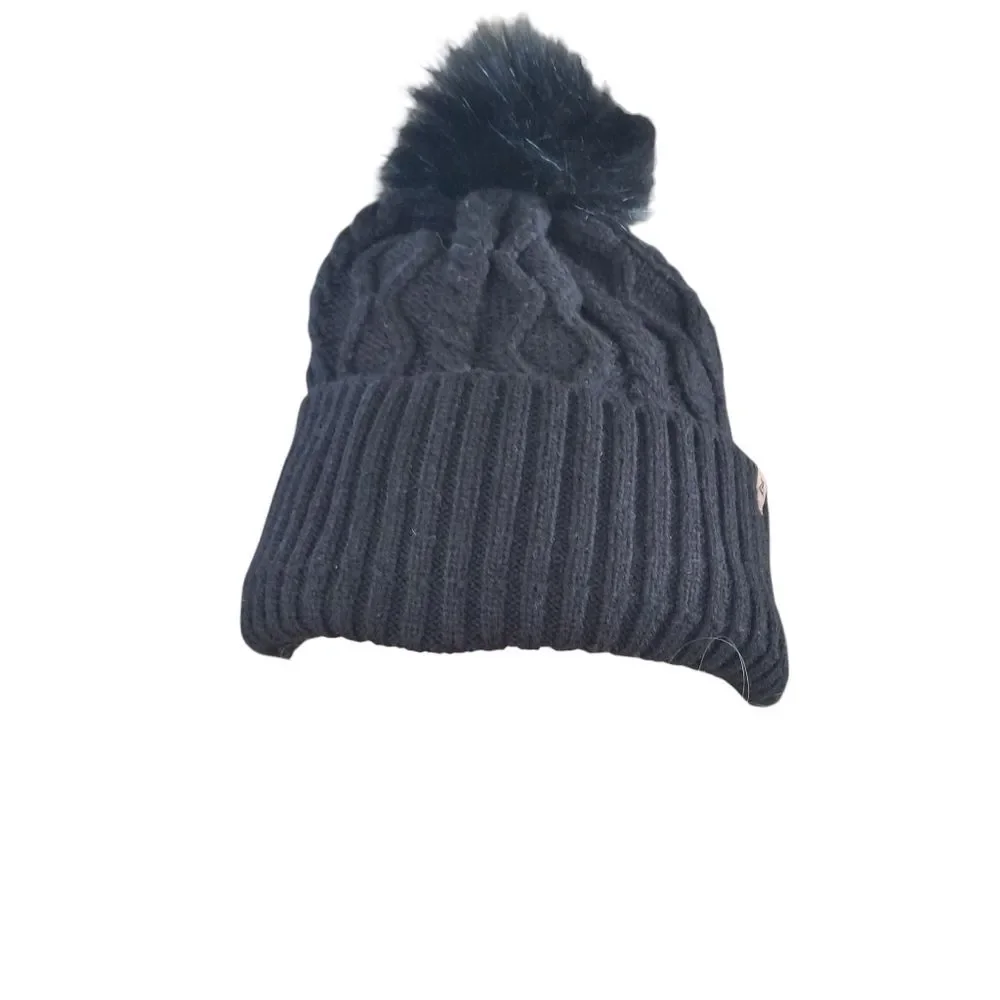 Women's Beanie Hat Black Cable Knit with Fuzzy Pom Pom Top Plushy Lining OS